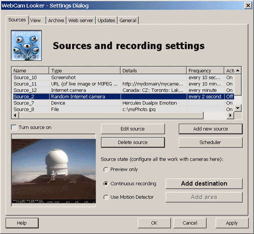 Sources and recording settings
