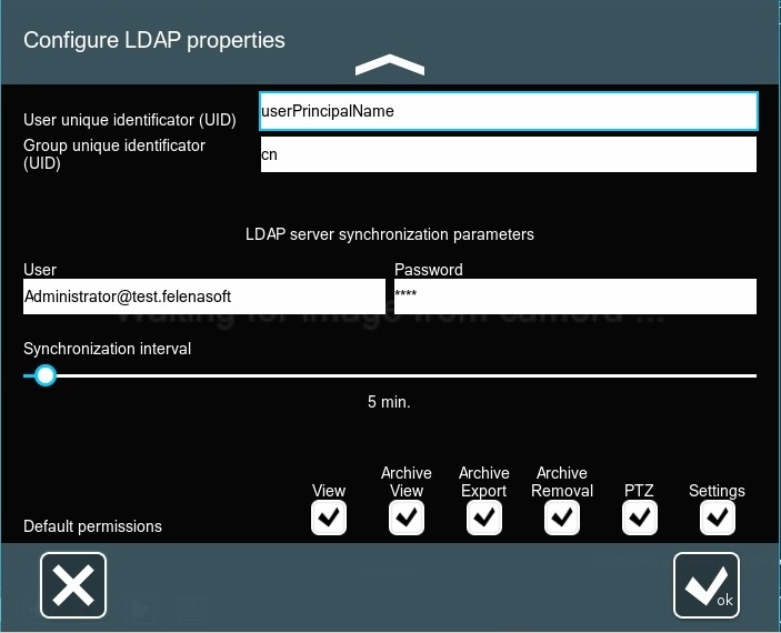 Настройте учетную запись LDAP в специальном диалоговом окне синхронизации активного каталога программы для видеонаблюдения Xeoma