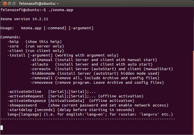 User manual for Xeoma Linux surveillance software for Linux without graphical shell: Short help displayed when accessing Xeoma file