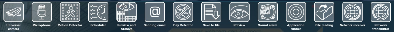 Modules panel in IP cam software Xeoma. You can add a module to the work field by way of pressing it.