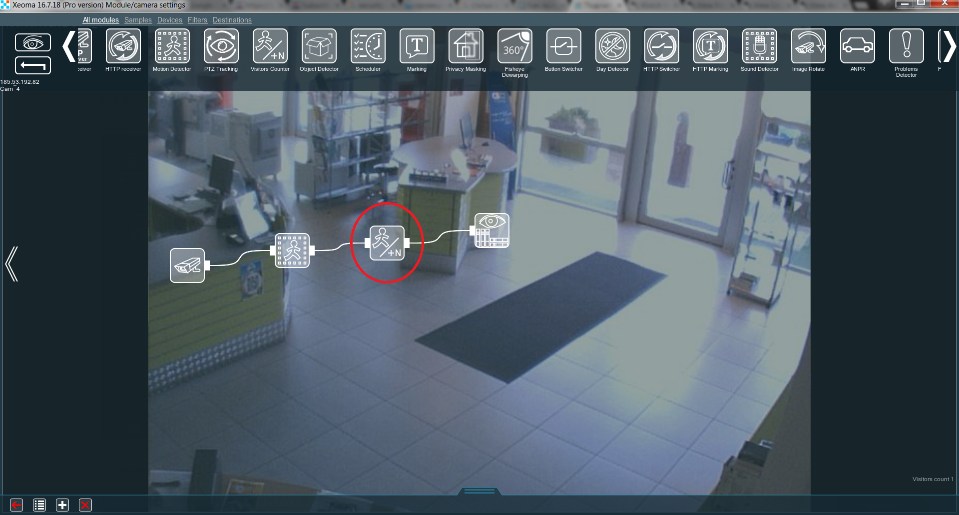 Place the “Visitors Counter” after the “Motion Detector” in your chain