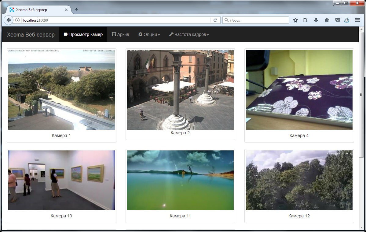 Главная страница просмотра камер через браузер с помощью модуля Веб Сервер в Xeoma