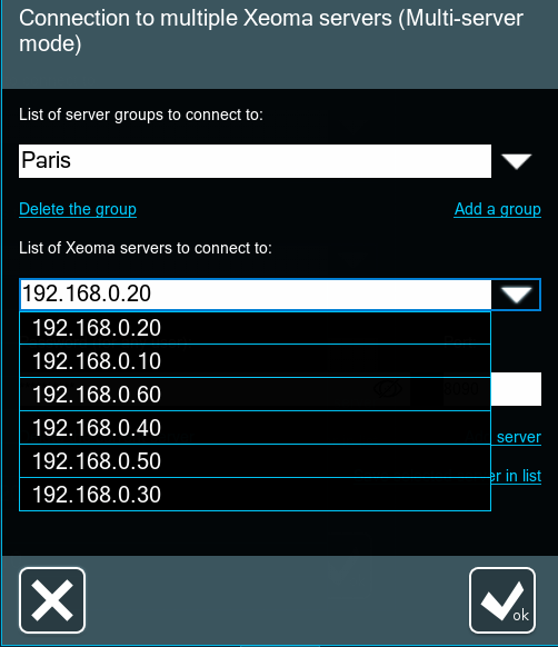 Multiserver mode setup dialog: editing the server list of the Paris Group