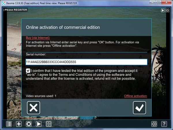 Paste you serial number and click OK to activate Xeoma