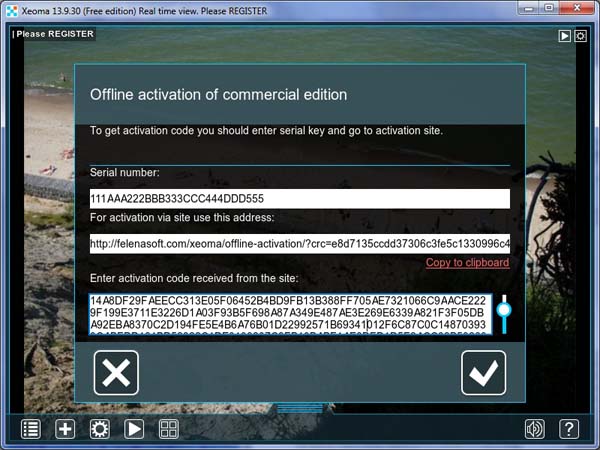 Paste the activation code from the site into the corresponding field on the very machine you would like to activate Xeoma on