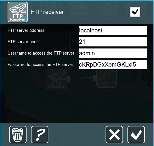 In FTP receiver settings you will see the server's login, password, and port