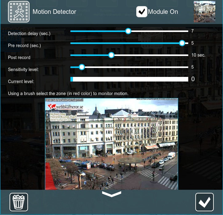 Motion detection in Xeoma. Motion detector settings: sensitivity level, current sensitivity level, prerecording and postrecording duration, recording delay