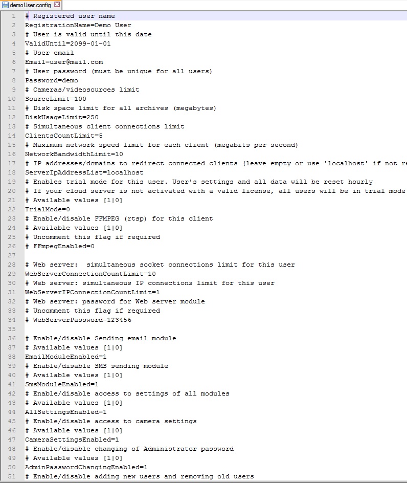 Set the needed parameters for the user in the file