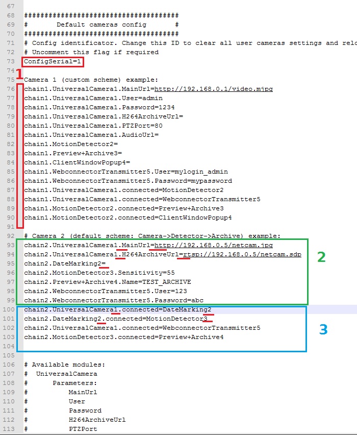 Work with chains in the configuration file