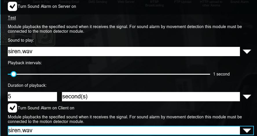 The Sound alarm module's settings