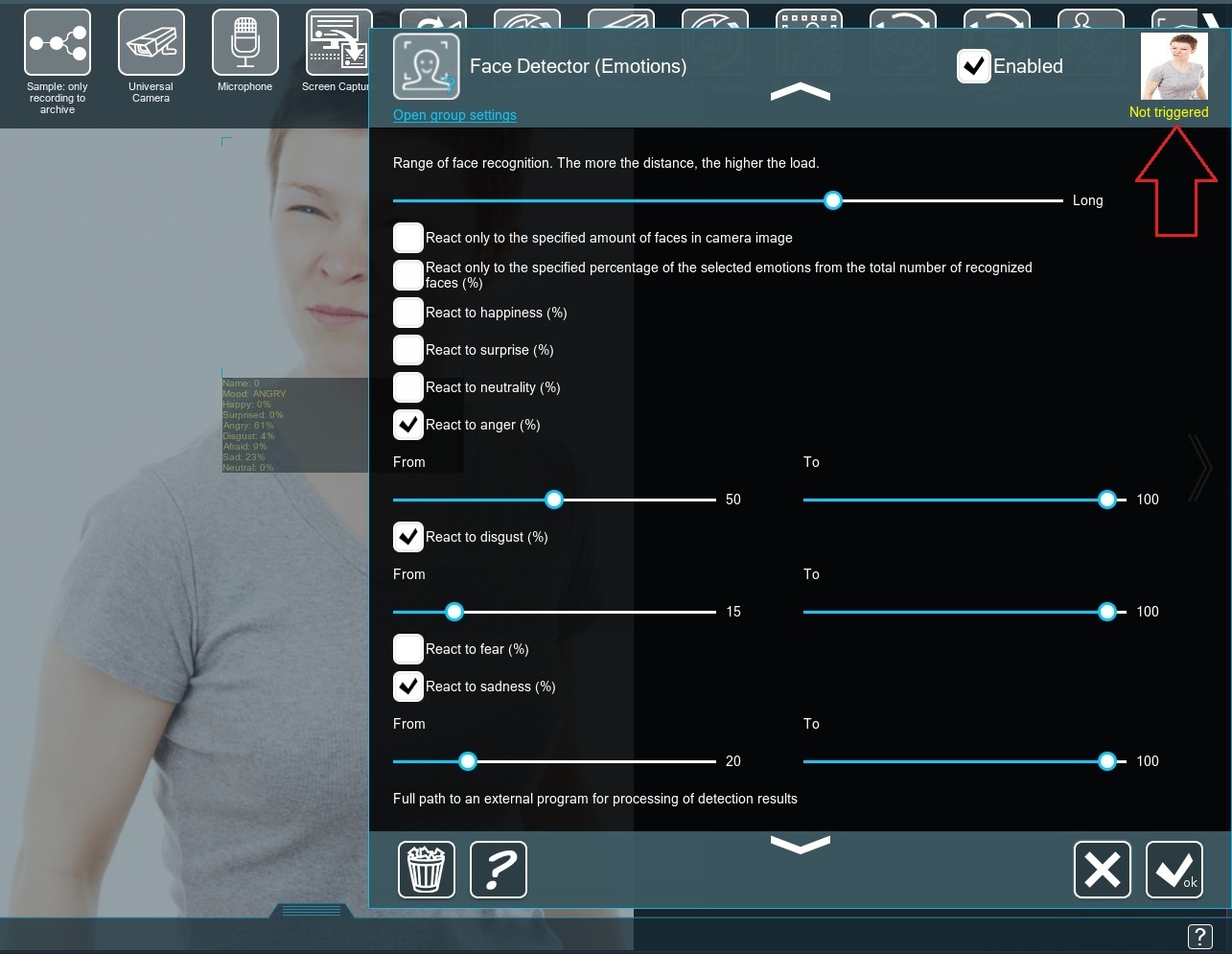 Adjustable reaction to facial expressions in Xeoma video surveillance software