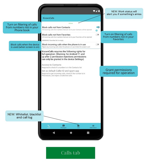 Setting up KnownCalls, spam call and SMS blocker: calls tab