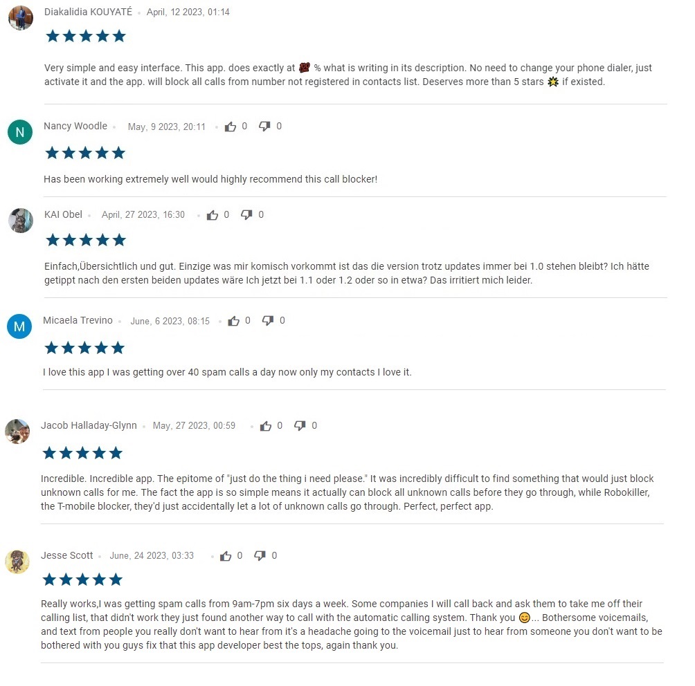 KnownCalls Spam Calls Blocker 5 star feedback