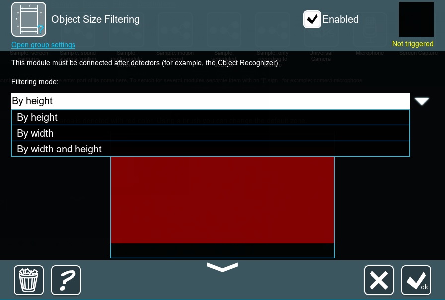 Object size filtering to detect particular objects by their height and width in Xeoma