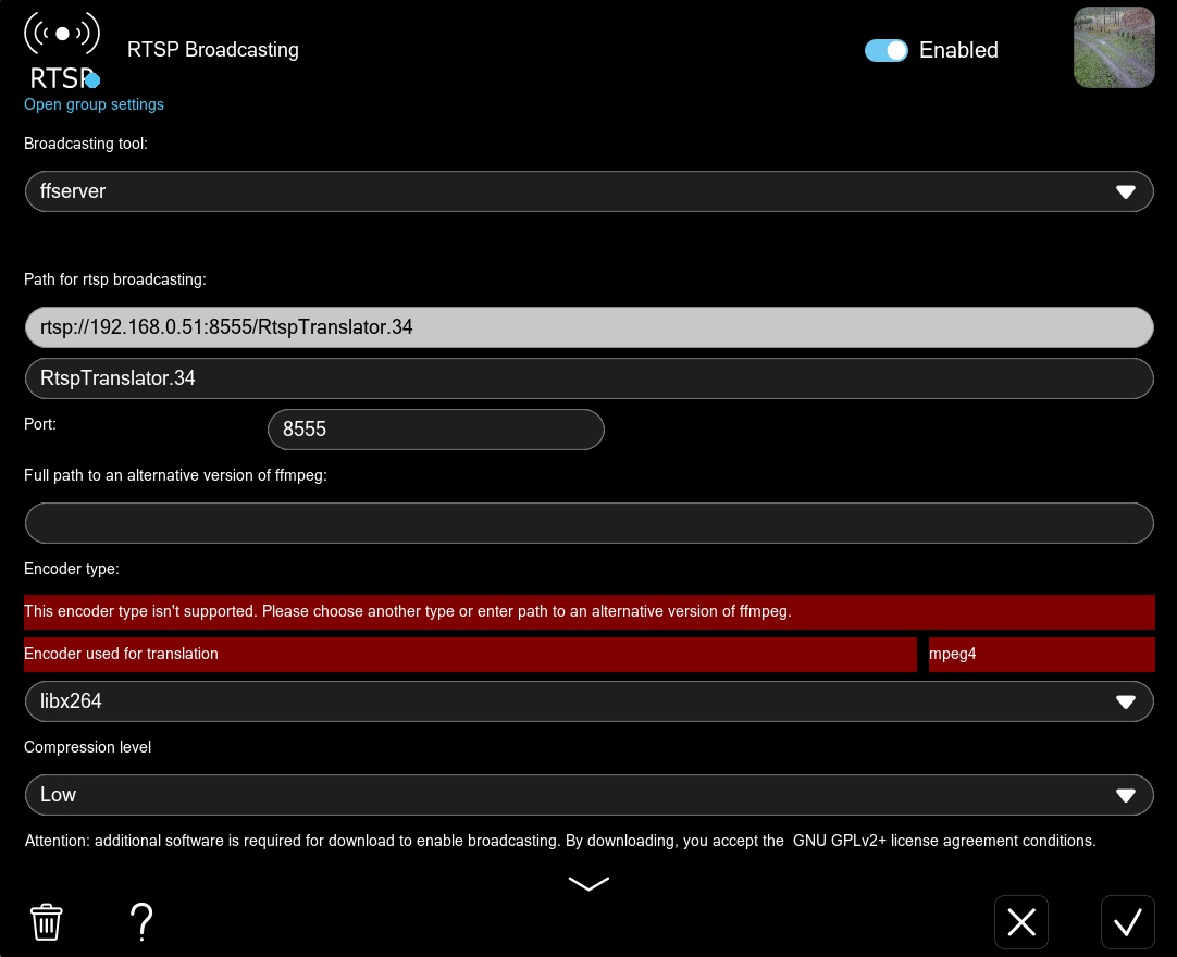 Settings for the module with ffserver
