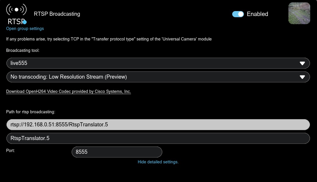Settings for the module with live555