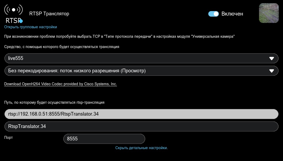 Настройки модуля RTSP Транслятор с live555