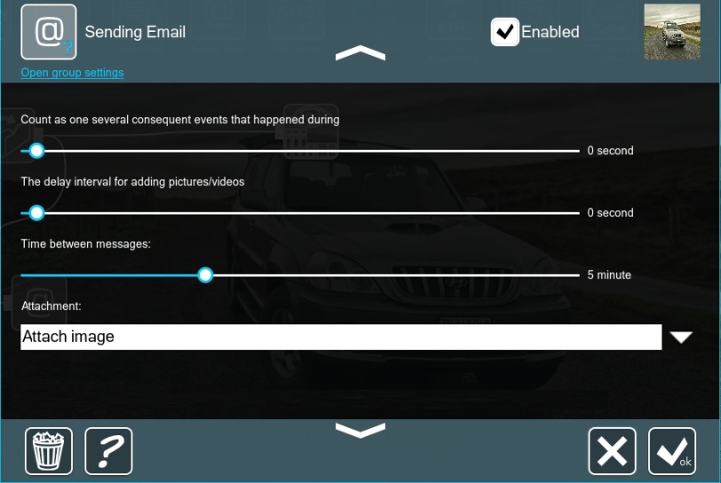 Sending email module's settings in Xeoma. Real-time immediate notifications.