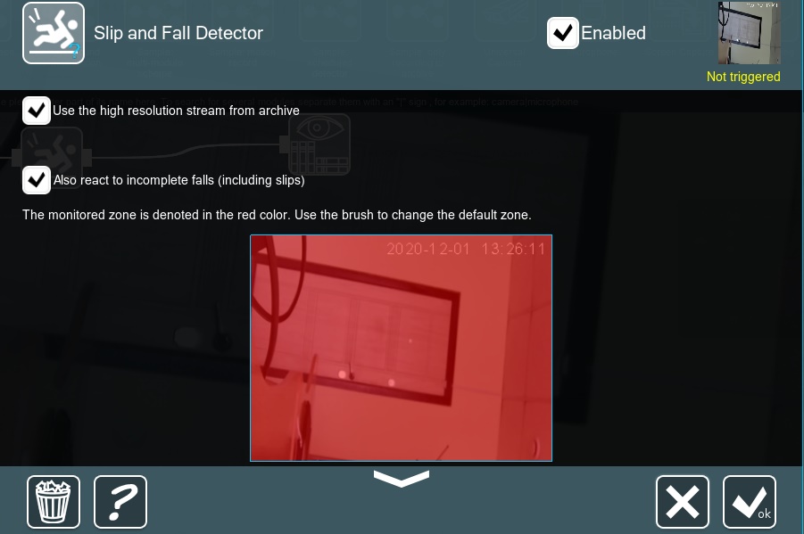 An example of settings for the Slip and Fall detector module in the Xeoma video surveillance software