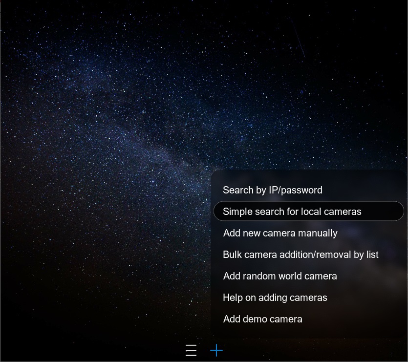 Plus menu with the option for simple local camera search