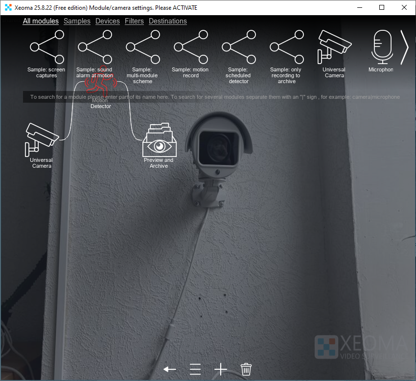 Removing a module from the Xeoma video surveillance software chain by dragging