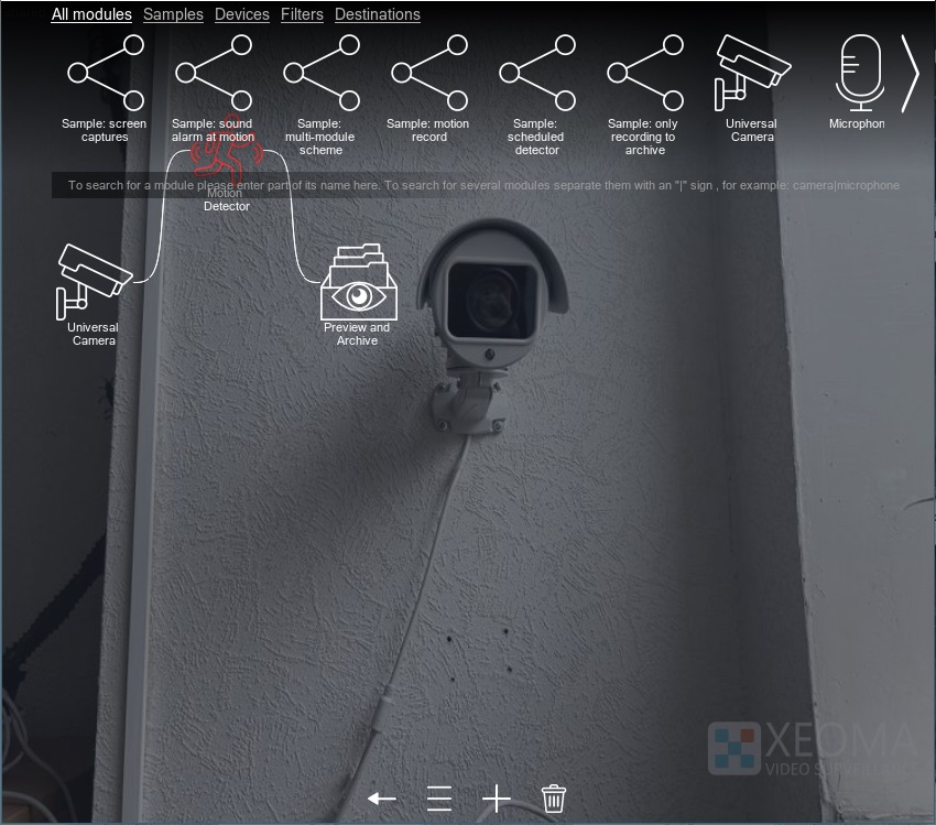 Removing a module from the Xeoma video surveillance software chain by dragging
