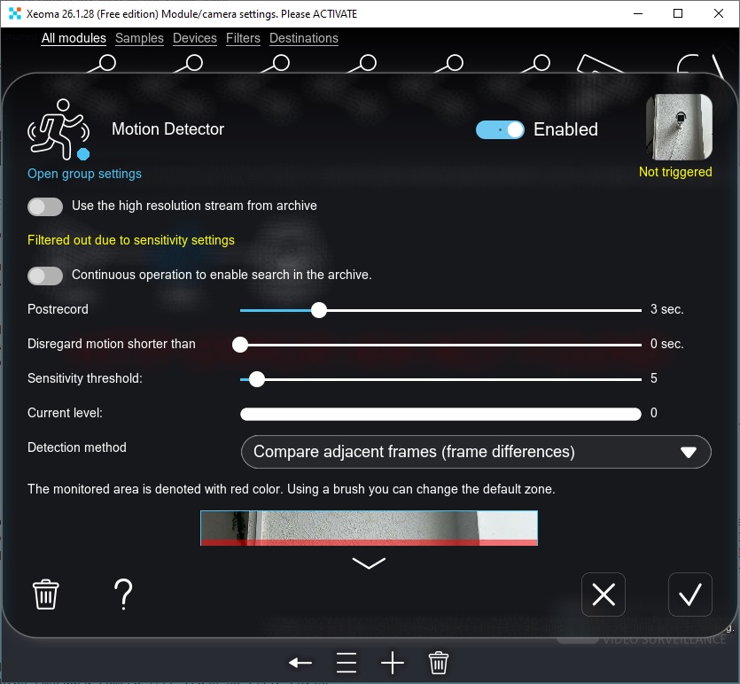 Removing a module from the Xeoma video surveillance software chain via the Trash
