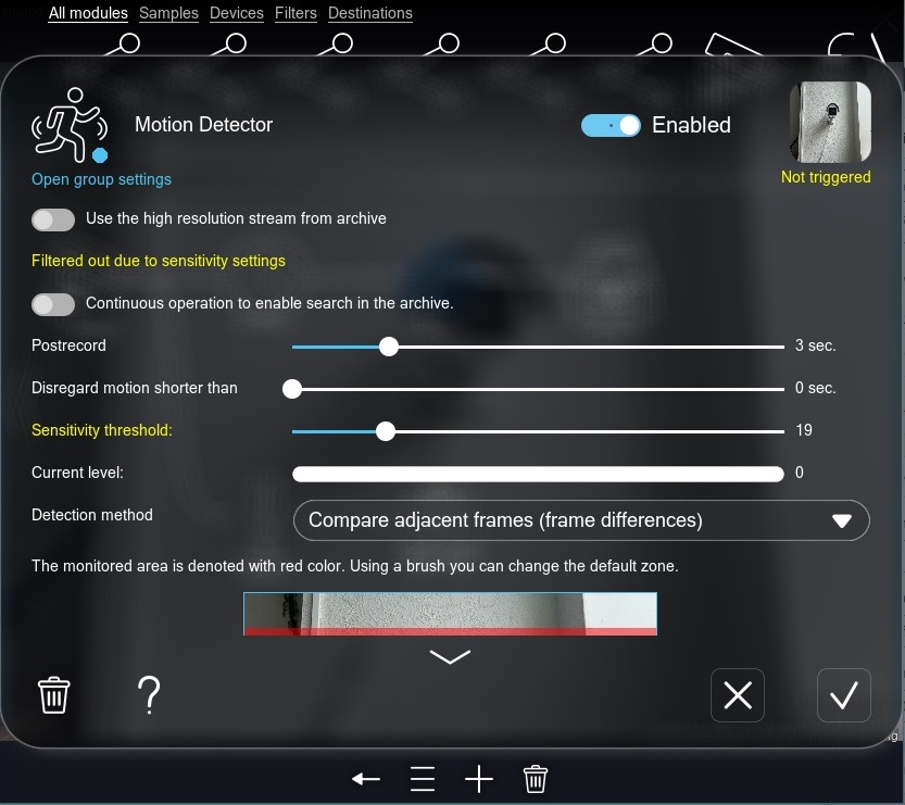 Removing a module from the Xeoma video surveillance software chain via the trash icon