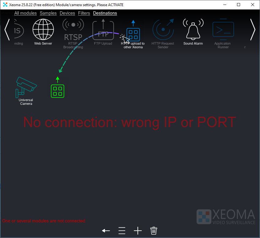 Connecting the HTTP upload to other Xeoma module to the scheme by dragging it from the top panel