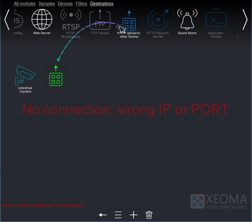 Connecting the HTTP upload to other Xeoma module to the scheme by dragging it from the top panel