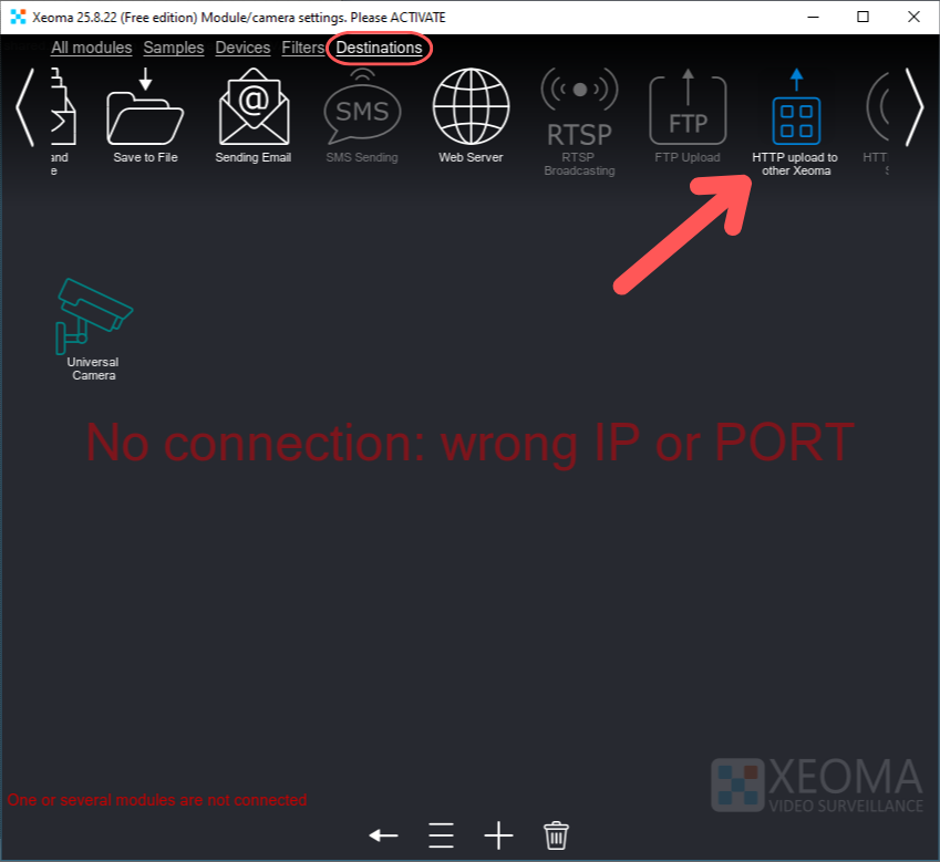 Searching for the HTTP upload to other Xeoma module in the Destinations tab