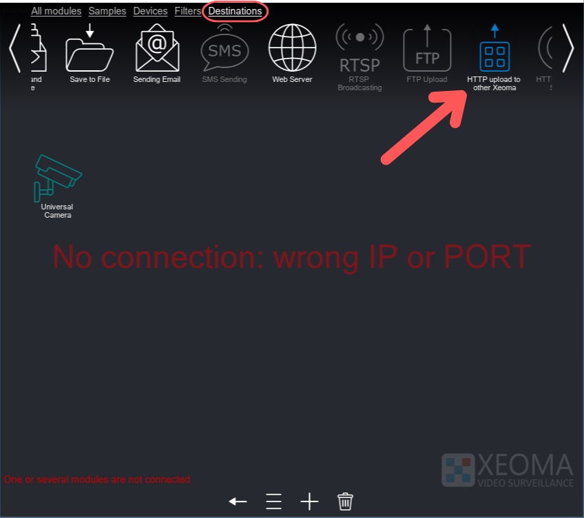 Searching for the HTTP upload to other Xeoma module in the Destinations tab