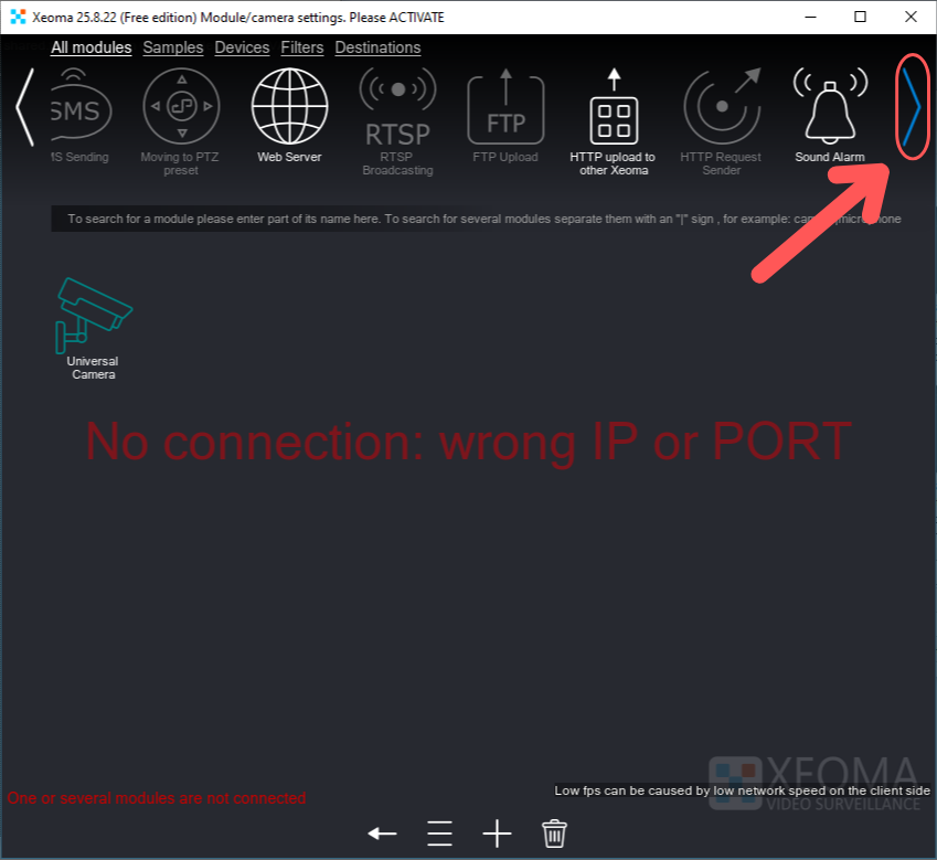 Searching for the HTTP upload to other Xeoma module among all modules