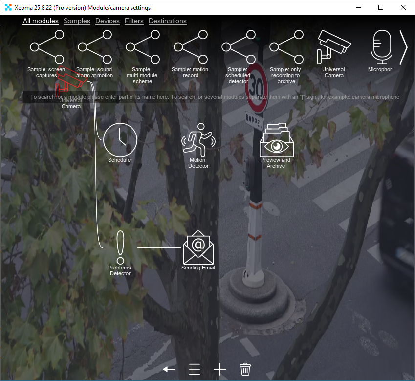 Removing a module from the Xeoma video surveillance software chain by dragging