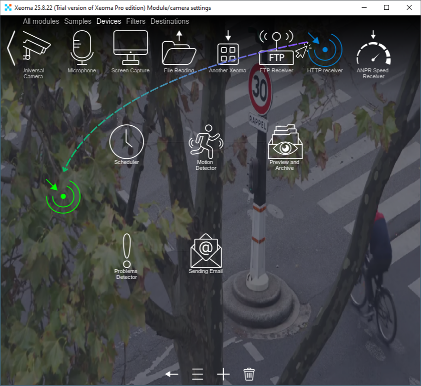 Connecting the HTTP Receiver module to the scheme by dragging it from the top panel