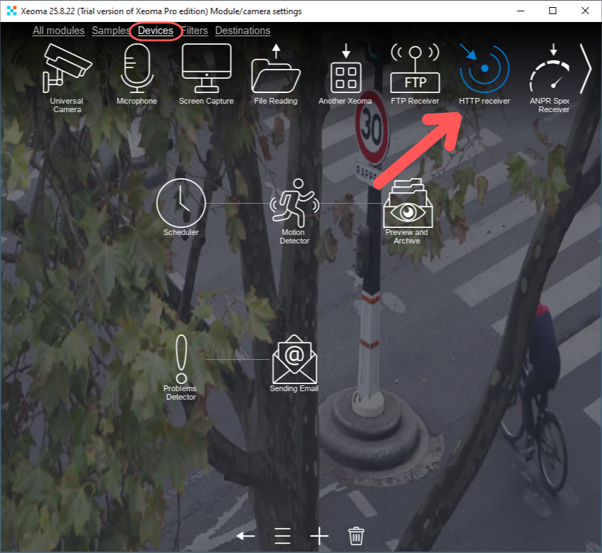 Searching for the HTTP Receiver module in the devices tab