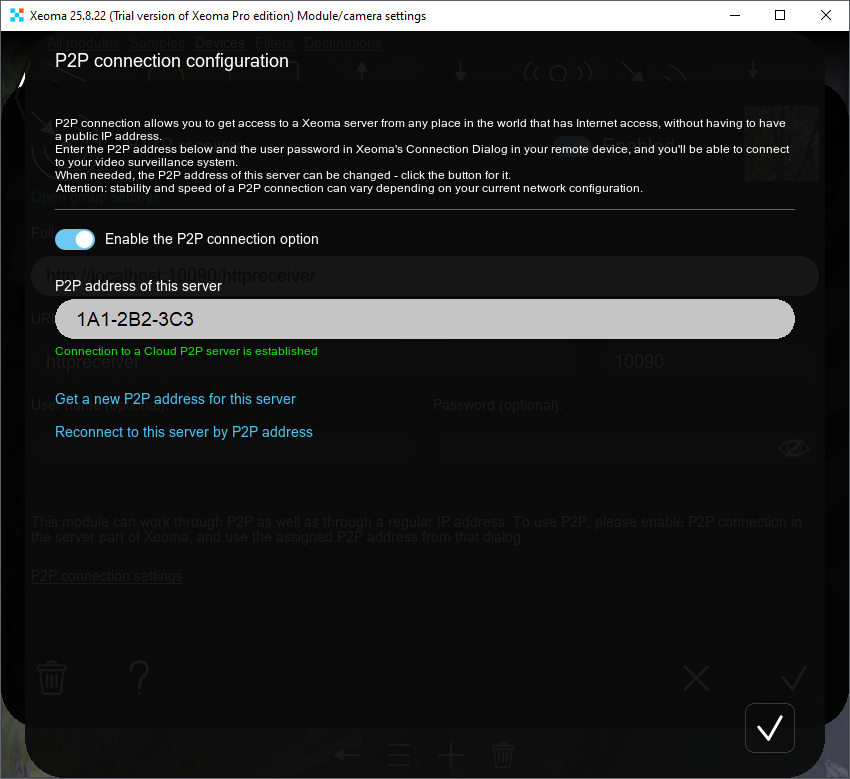 Dialog for enabling and configuring P2P connection in Xeoma
