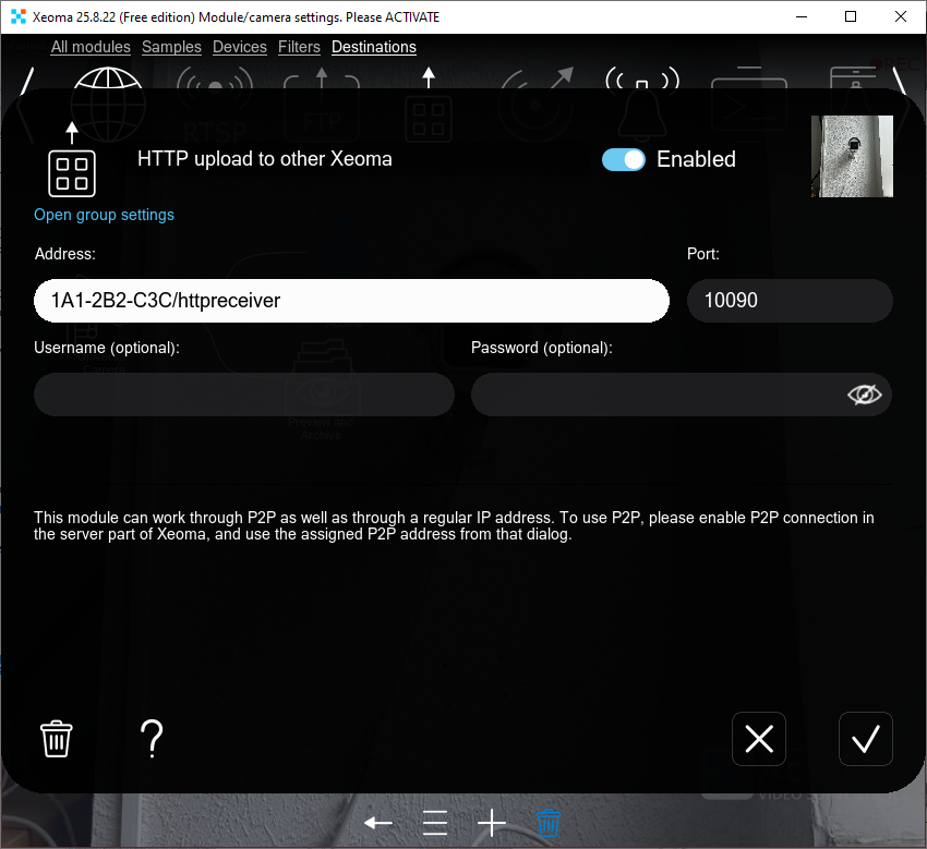 P2P address in the settings of the HTTP upload to other Xeoma module