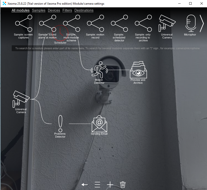 Removing a module from the Xeoma video surveillance software chain by dragging
