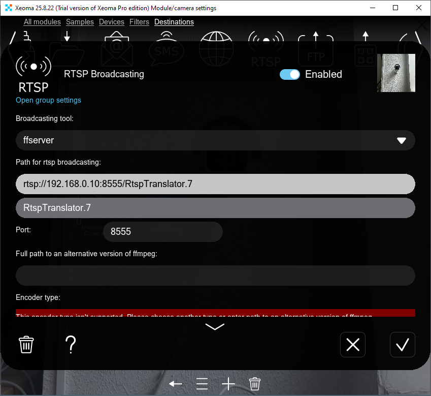 RTSP Broadcasting module settings