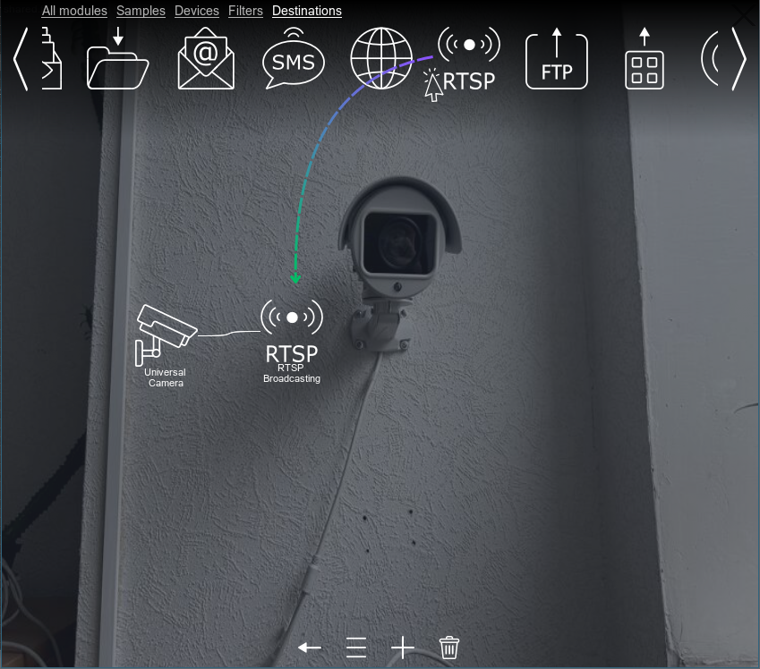 Connecting the RTSP Broadcasting module to the chain by dragging it from the top panel