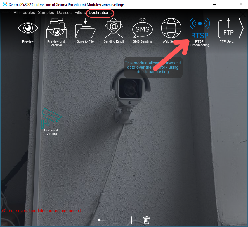 Searching for the RTSP Broadcasting module in the Destinations tab