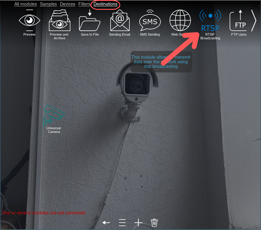 Searching for the RTSP Broadcasting module in the Destinations tab