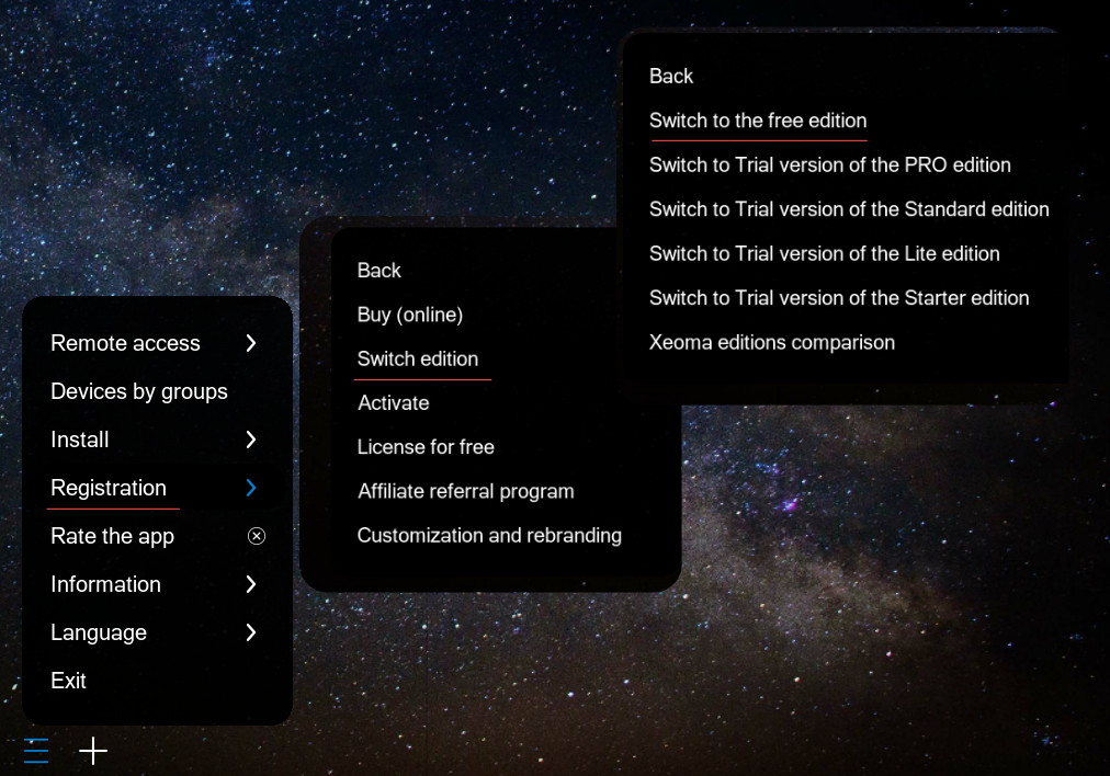 Switching Xeoma to the free version via the Main menu