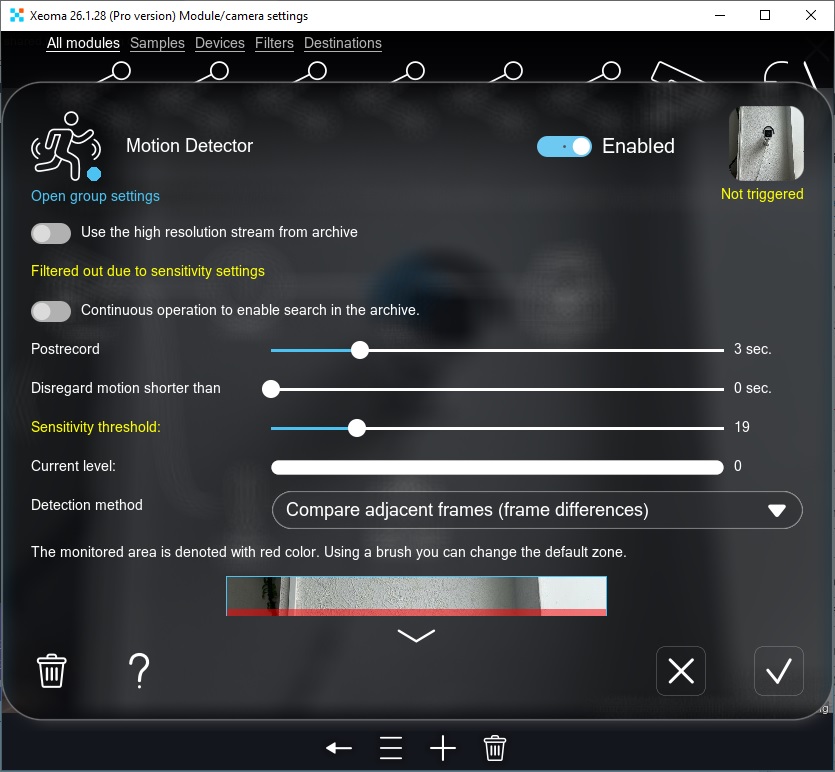 Removing a module from the Xeoma video surveillance software chain via the Trash