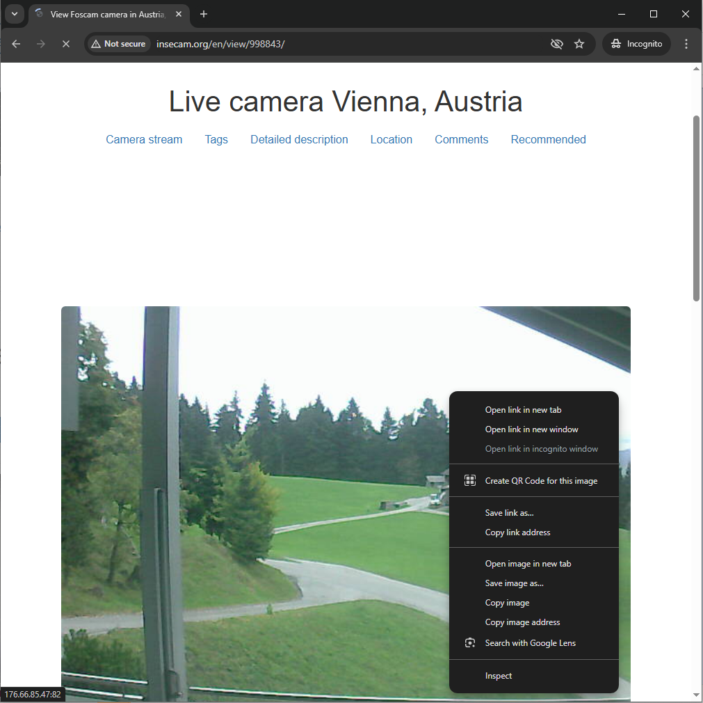 Open camera in Insecam and call the context menu