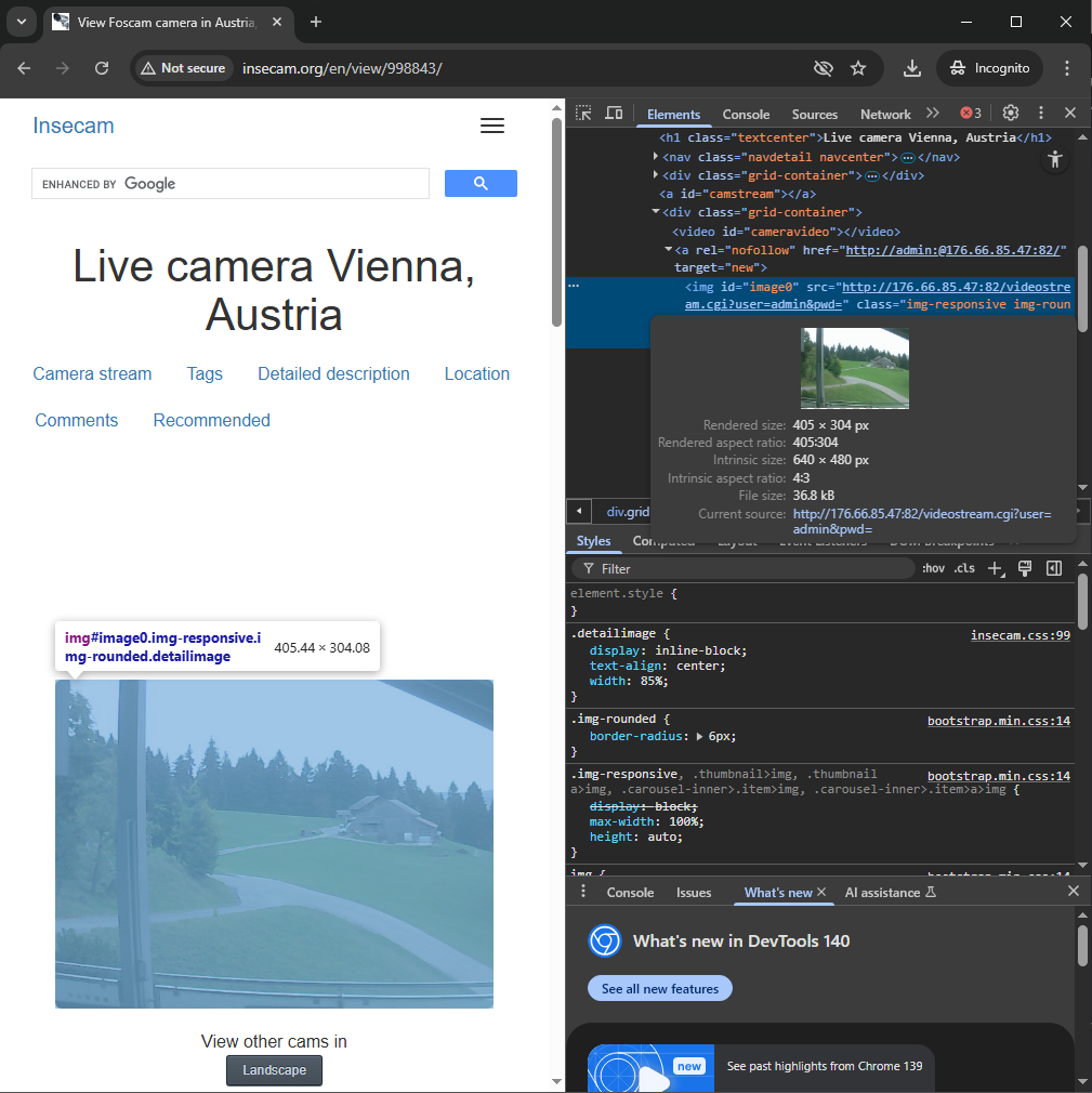 Open camera in Insecam and call the context menu