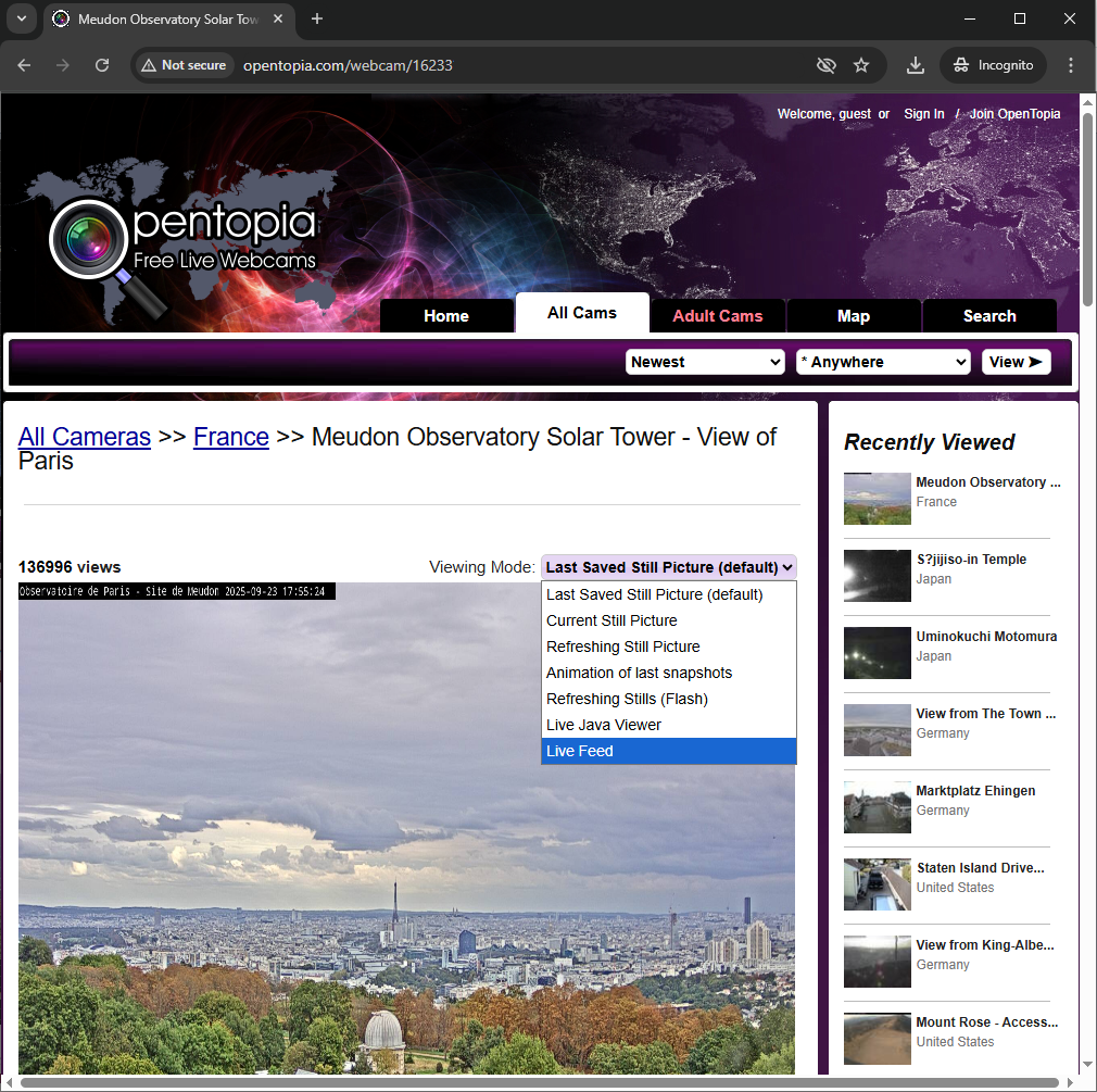 Select Live Feed in Opentopia
