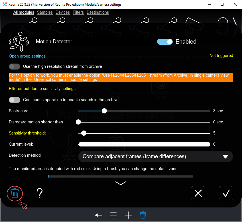 Removing a module from the Xeoma video surveillance software chain via the Trash