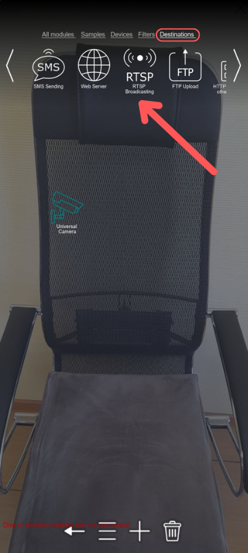 Searching for the RTSP Broadcasting module in the Destinations tab